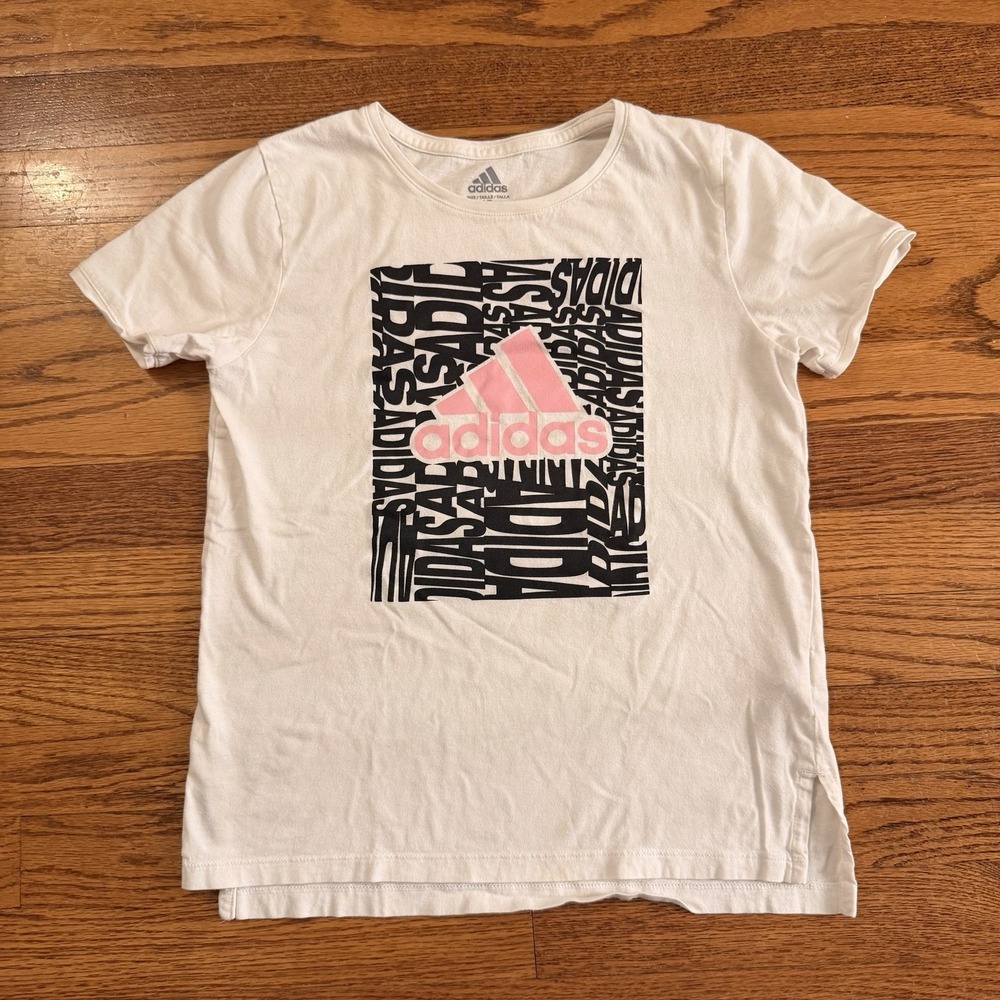 Adidas Tee Shirt Girls Large (14) White Graphic Cotton Athletic Pink logo Sports